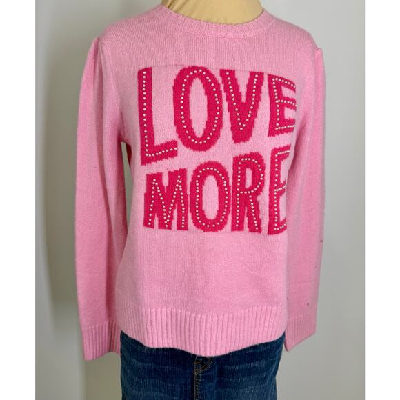 On Twelfth pink acrylic spandex pearl studded women’s LOVE MORE sweater - Picture 2 of 5
